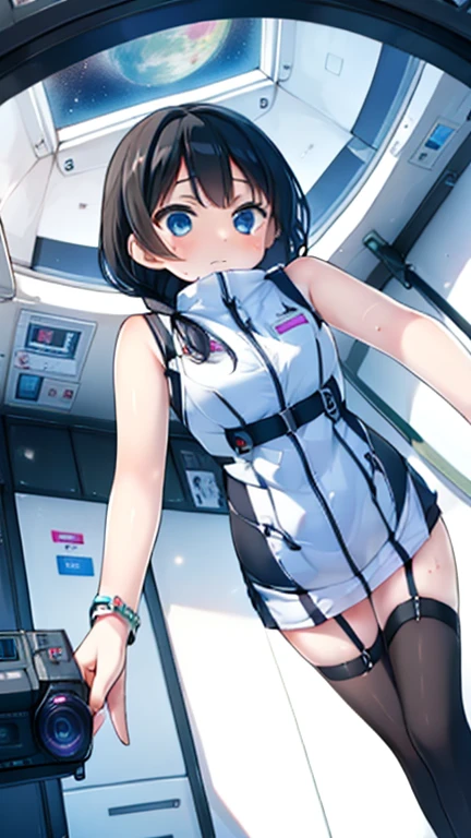 (Highest quality), (masterpiece), 1080P, High resolution, 4K, 8k, Inside the space station、Futuristic room、Thigh straps, Shooting from directly below, The woman on top of me, 白いSweat, Covered , Sweat, Woman looking down, Skirt swimsuit, Thigh-high socks, To achieve this, , , whole body, Black leather shoes, Braided hair, Inner Color, Embarrassed face, Short black hair, bracelet, Bedroom,celestial body_Vest
