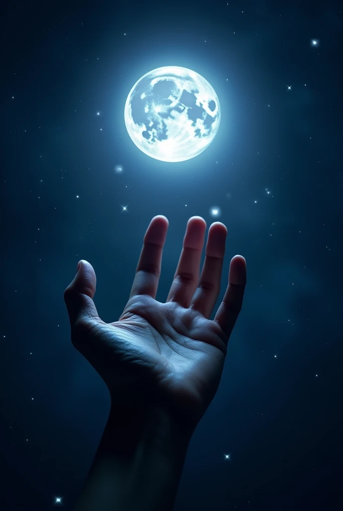 Close-up of hand, reaching for the moon in the night sky, beautiful moon