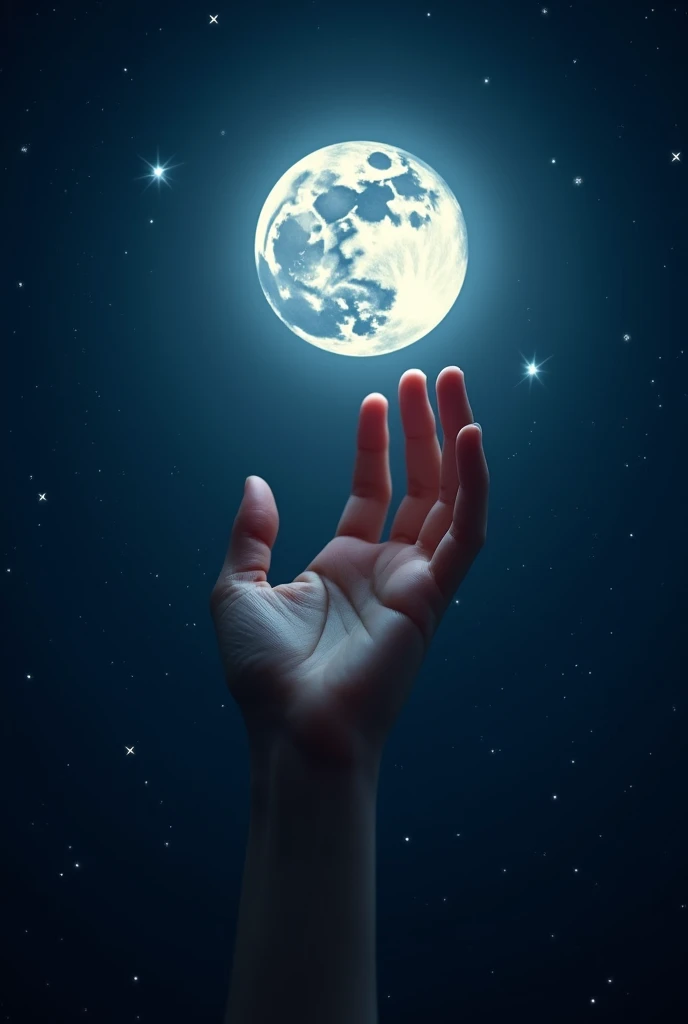 Close-up of hand, reaching for the moon in the night sky, beautiful moon