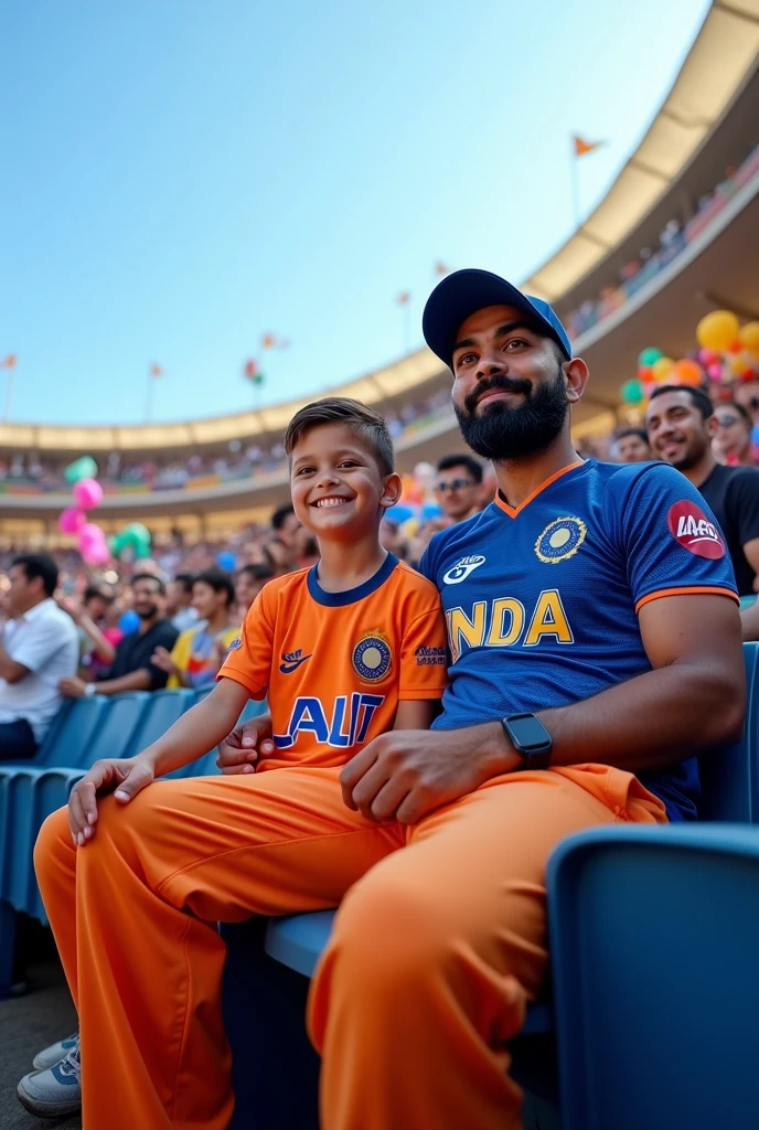 A boy sitting near Virat Kohli and (LALIT) is written on the shirt of boy