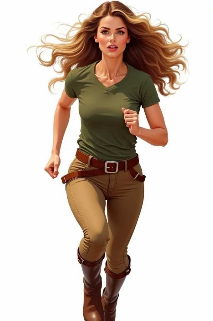 Illustration sur fond blanc. Un femme, cheveux longs bouclés châtain avec un ombré hair blond, yeux noisettes, t-shirt vert militaire et pantalon d'équitation marron avec ceinture et boots marron. Elle court
