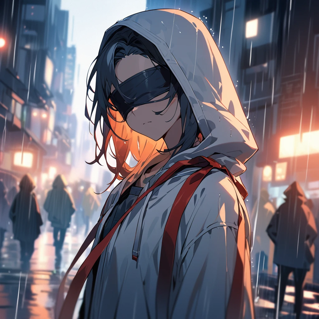 "A close-up focus on the face of a stylized anime character with red spiky hair, blindfolded with a long flowing ribbon, standing in a dark, rainy urban street with blurred tall buildings in the background. The character is intense, with a mysterious expression, and wears a white hoodie. The background is blurred, highlighting the character's face, with the faint glow of city lights and rain adding to the atmosphere. The overall mood is dramatic and cinematic, with a cool color palette contrasting with the warm glow from distant lights."