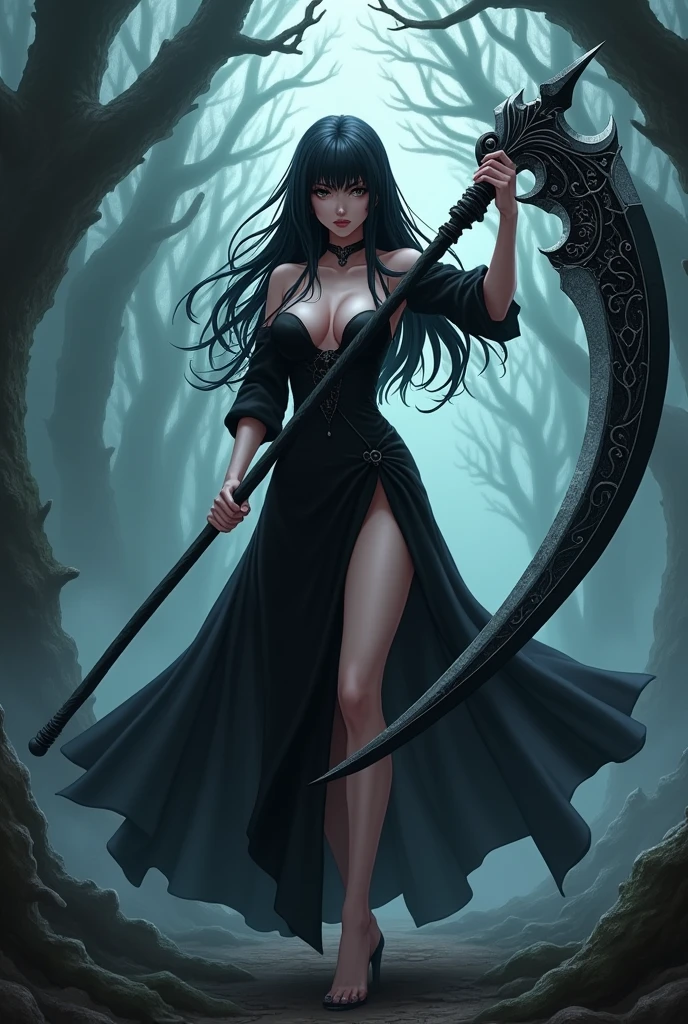 Adult anime woman long black dress cleavage with battle scythe casting black spell