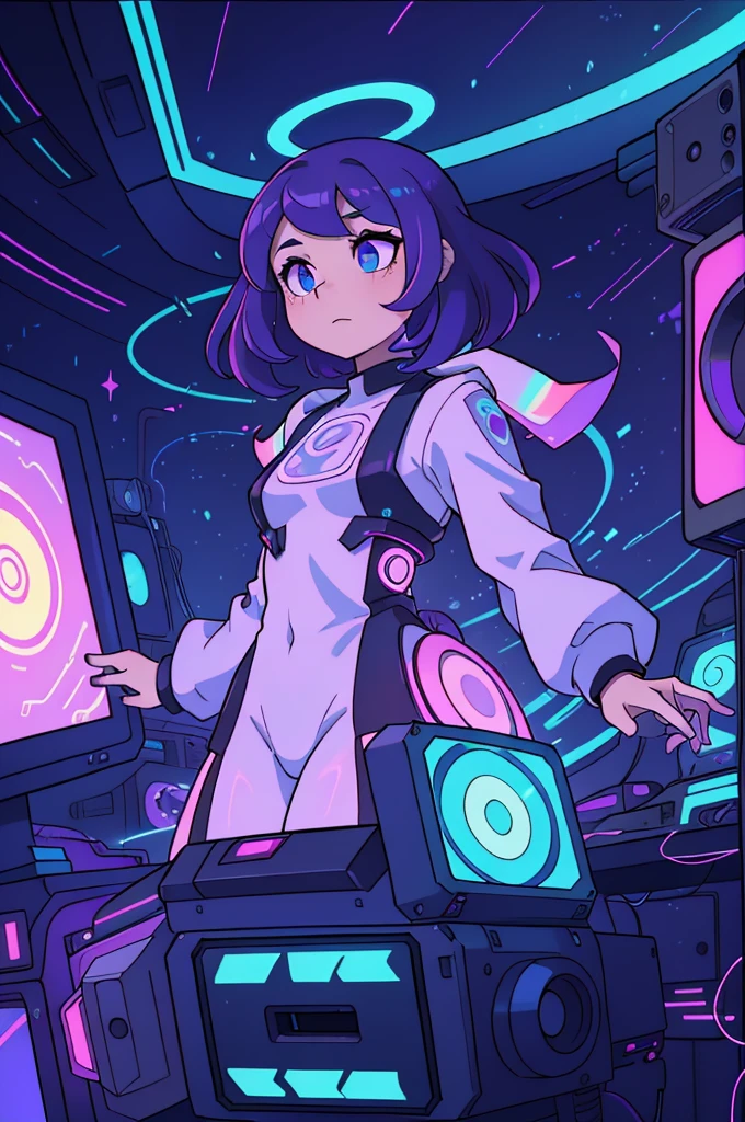 In the heart of the digital world, a figure emerges from the nebulous landscape. A mysterious being with holographic skin, geometric features, and violet eyes, reminiscent of an otherworldly being from a forgotten era. Their hair, a cascade of pixelated static and neon electric hues, shimmers and glows with each pulse of the retro-futuristic synthesizers that play in the background.

Surrounded by a halo of flickering cathode rays and humming sounds, the figure sits at an old CRT monitor, its screen displaying a mesmerizing rhythm of vaporwave static and analog lines. The room they inhabit is