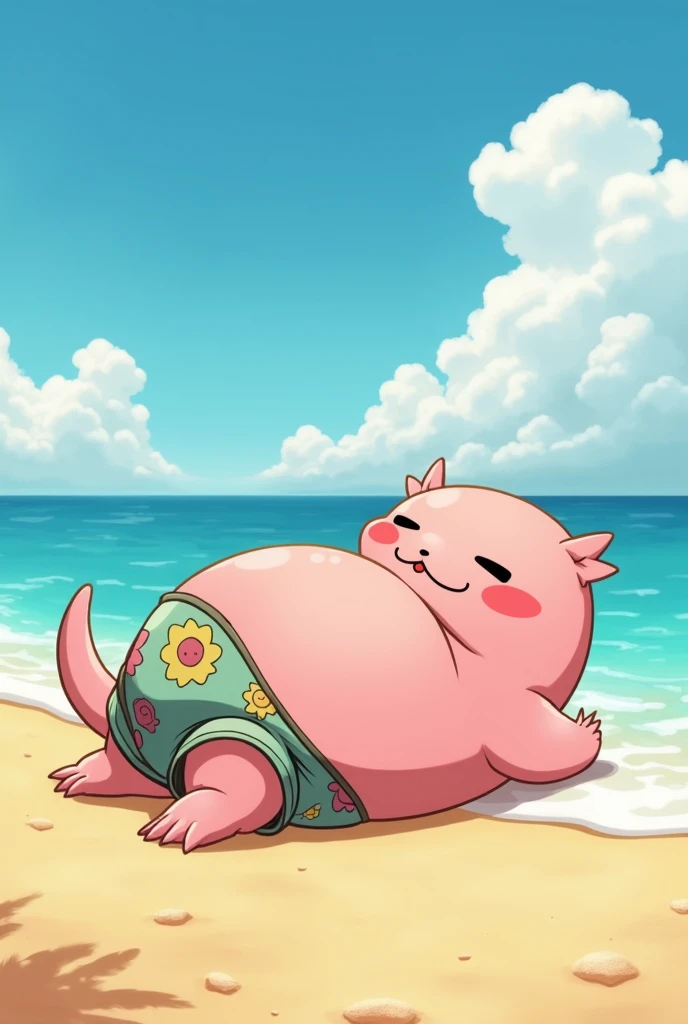 a backview male white fat anthro humanoid axolotl wearing Bermudas sleeping and laying on his stomach at a beach. Has an smirk. View at legs
