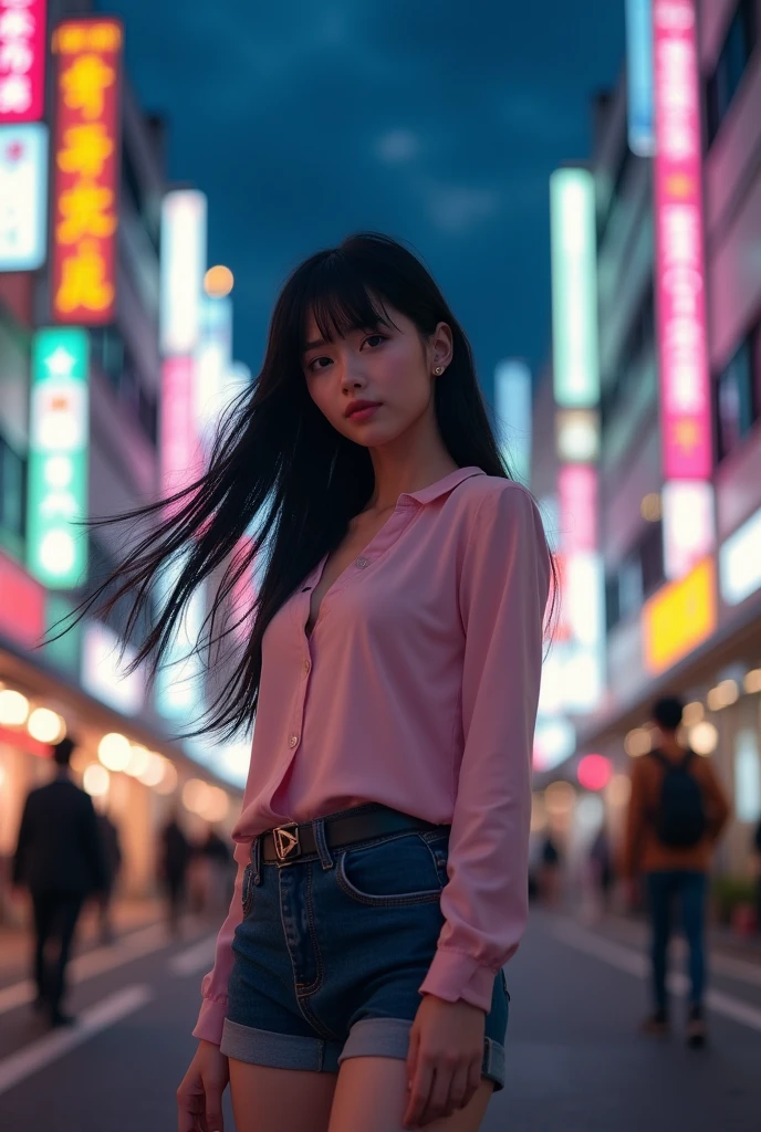 (8k, RAW photo, best quality, masterpiece:1.2), (realistic, photo-realistic:1.37), ultra-detailed,full body,1 girl, solo,beautiful detailed sky,detailed tokyo street,night,beautiful detailed eyes,beautiful detailed lips,professional lighting, photon mapping, radiosity, physically-based rendering,extremely detailed eyes and face, beautiful detailed eyes,light on face,cinematic lighting, short pants,pink blouse,1girl,full body,full-body shot,see-through,looking at viewer,outdoors,((black hair))