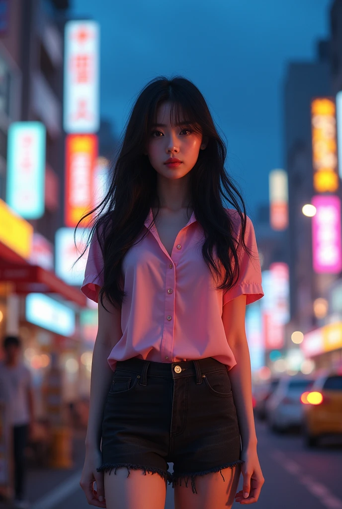 (8k, RAW photo, best quality, masterpiece:1.2), (realistic, photo-realistic:1.37), ultra-detailed,full body,1 girl, solo,beautiful detailed sky,detailed tokyo street,night,beautiful detailed eyes,beautiful detailed lips,professional lighting, photon mapping, radiosity, physically-based rendering,extremely detailed eyes and face, beautiful detailed eyes,light on face,cinematic lighting, short pants,pink blouse,1girl,full body,full-body shot,see-through,looking at viewer,outdoors,((black hair))