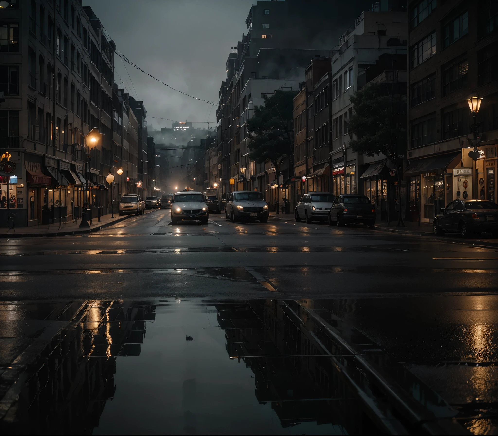 a beautiful evening street in a film noir style, cold light tone, detailed buildings, 20th sentury cars, old buildins, street lamps, reflections, atmospheric fog, cinematic composition, moody and mysterious atmosphere, photorealistic, 8k, high quality