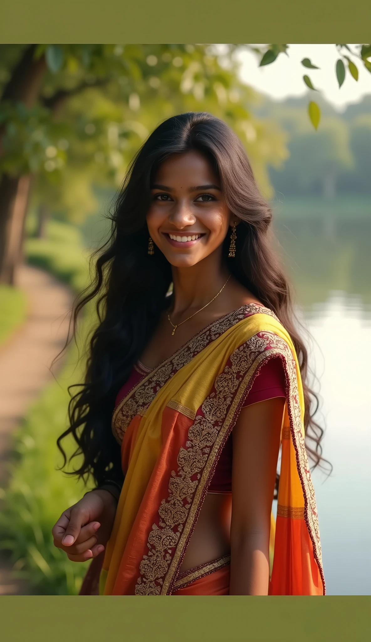 A photorealistic portrait of an 18-year-old Sri Lankan girl strolls along a tranquil lakeside path, her captivating dark brown eyes sparkling with joy and curiosity. Her long black wavy hair cascades over her shoulders, complemented by a beautifully crafted saree that flows elegantly in the breeze. The image is rich in detail, rendered in 8k HDR quality, capturing the intricate designs of her saree. The warm hues of the setting sun bathe her in a gentle glow, enhancing her approachable smile and the serene backdrop of the lake