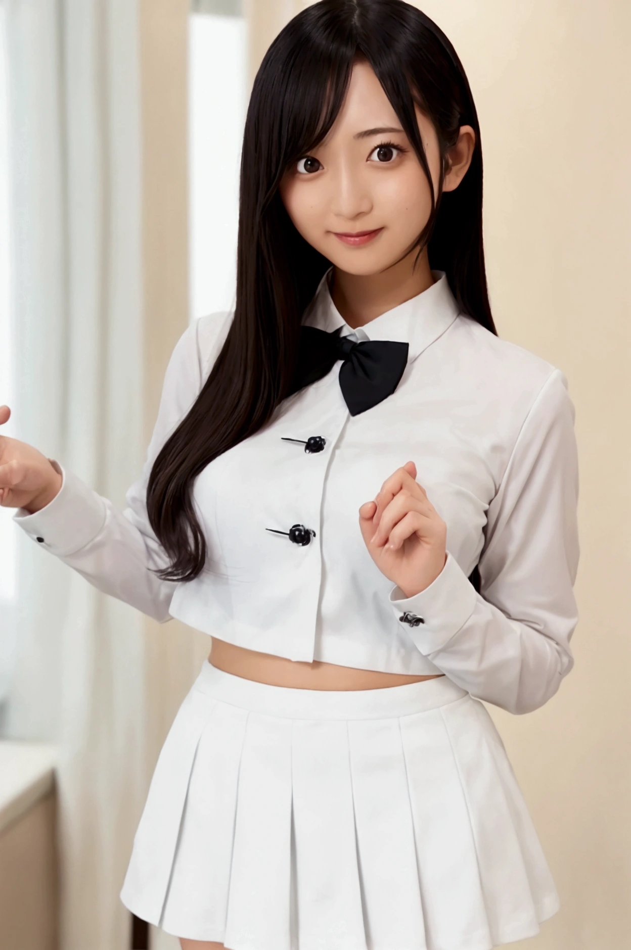 Gravure idol pose Hotel uniform White clothes high resolution Not too small bust Black Mini Skirt Short skirts and beautiful hair Height: 158cm