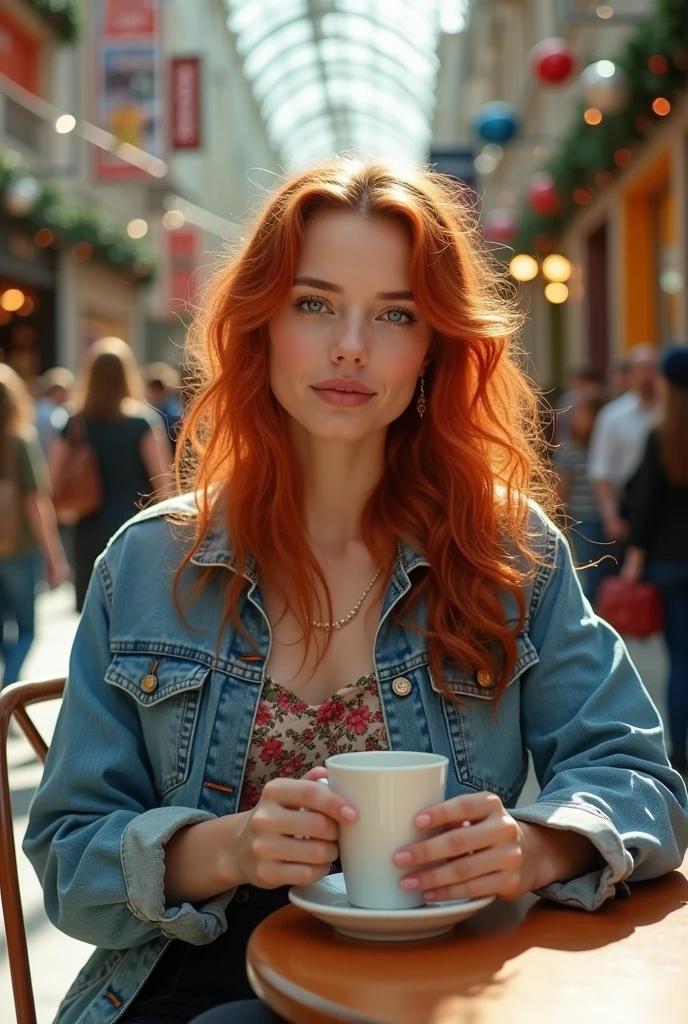 A white woman, with wavy red hair and light green eyes, having coffee at the mall