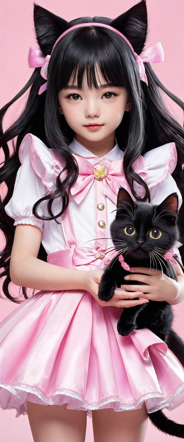 high quality, detailed, a black cat baby and a magical girl,the magical girl is 18 years old, in wander land,