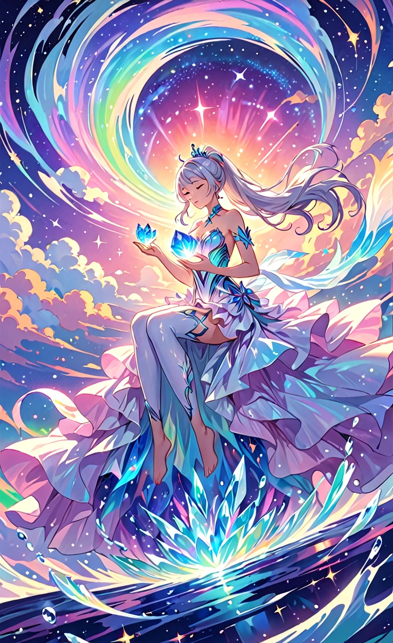 (best quality,4k,8k,highres,masterpiece:1.2),ultra-detailed,realistic:.5,1girl,kiana_kaslana_\(herrscher_of_finality\),sitting in the air,floating in a sea of stars,vibrant color palette,wearing a flowing gown that billows out and reflects the night sky, ponytail,holding the crystalline seed of a new world in her cupped hands,effects of light and shadow,subtle glimmering jewels,ethereal atmosphere,serene ambiance,mysterious,soft moonlight filtering through clouds,vividly colored starry sky,harmonious blend of nature and art,impeccable craftsmanship,transcendent beauty,awe-inspiring artwork,aurora,goddess of galaxies,sharp focus,uhd,eyes closed