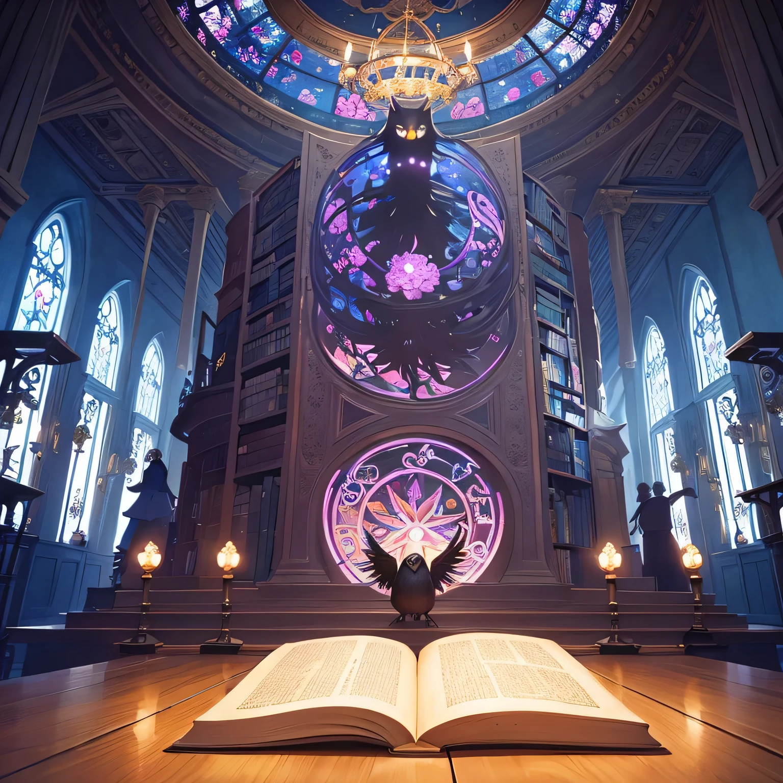 A fantastic and magical library. the magic library anime, a library with flowers and books and magic objects, anime art, anime magic peace scene, antique anime scene, background artwork, ''When the Promised Flower Blooms'' anime, a black owl like spirit waiting to be explored within the pages of these ancient books, fantasy art style