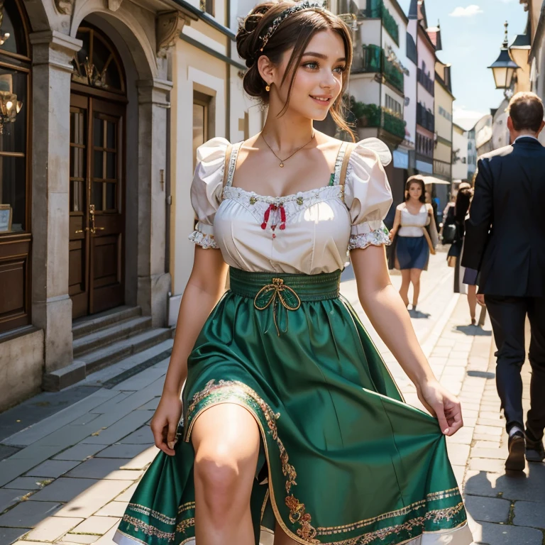 (​masterpiece, best quality:1.5), highest quality, High resolution, super detailed, Realists, Full body photo of an 18 year old brunette girl, detailed and beautiful eyes, beautiful detailed lips, very detailed eyes and face, longeyelashes, A 22-year-old woman in a beautiful short shimmering satin dirndl, Noble details in the dress fabric, Beautiful and colorful makeup, elegant and noble々Pose, hairband, ponytail hairstyle, Munich as a backdrop, bright daylight, bright colors, fine brushstrokes, Portrait style, beautiful color palette, glowing skin, First-class rendering, that captures every detail, enchanting atmosphere, (perfect anatomy:1.2), (The stunning girl is wearing a beautiful short dirndl. smiling in love and full of joy for the festival, nice legs   (magnificent panorama view:1.2)