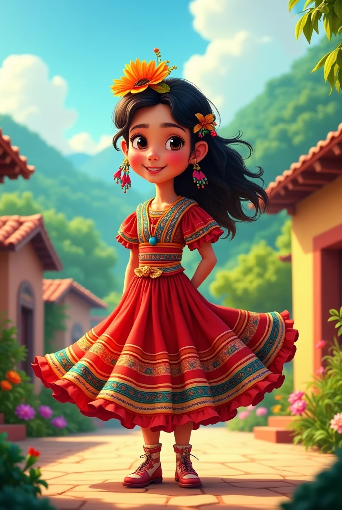 Animated illustration of a girl in traditional costume from Chiquimula, Guatemala
