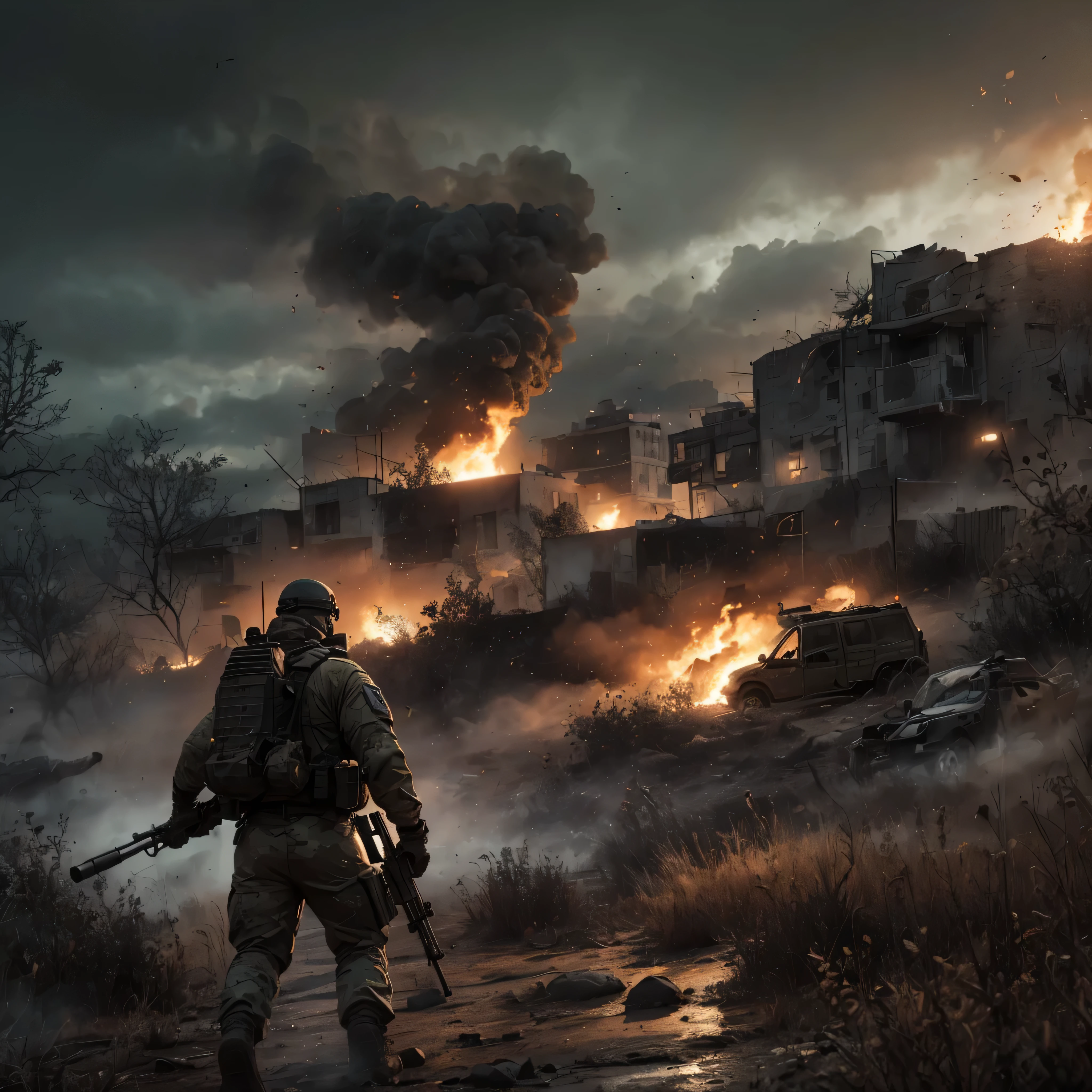 a highly trained special forces army soldier, soldier in center of picture, sniper rifle, burning helicopter, war zone battlefield, gritty realistic combat scene, (best quality,4k,8k,highres,masterpiece:1.2),ultra-detailed,military,tactical gear, intense action, dramatic lighting, cinematic composition, grungy textures, dynamic pose, determined expression, camouflage uniform, muddy terrain, smoke plumes, destroyed vehicles, explosions in background