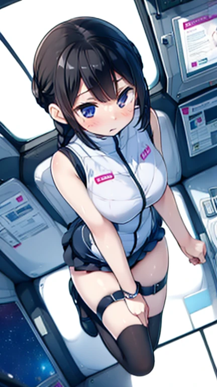 (Highest quality), (masterpiece), 1080P, High resolution, 4K, 8k, Inside the space station、Futuristic room、Thigh straps, Shooting from directly below, The woman on top of me, 白いSweat, Covered , Sweat, Woman looking down, Skirt swimsuit, Thigh-high socks, To achieve this, , , whole body, Black leather shoes, Braided hair, Inner Color, Embarrassed face, Short black hair, bracelet, Bedroom,celestial body_Vest