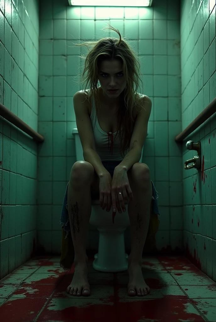 woman scary restroom angry sits on toilet bloody
