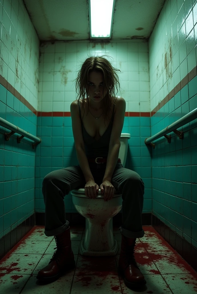 woman scary restroom angry sits on toilet bloody