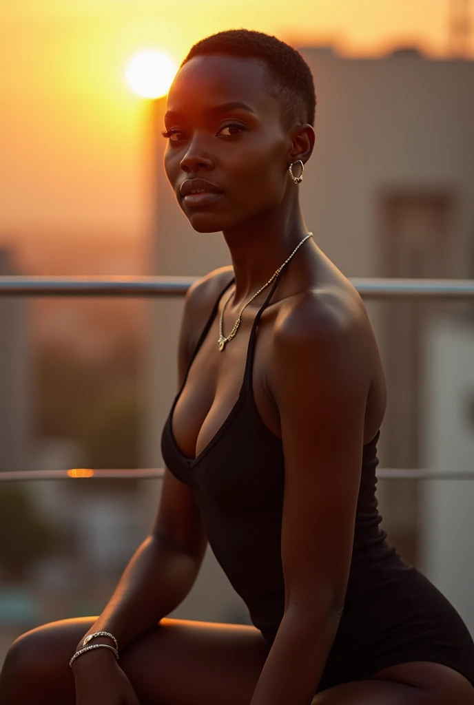 Gorgeous African woman with short hair and giant breasts doing a sexy, realistic pose