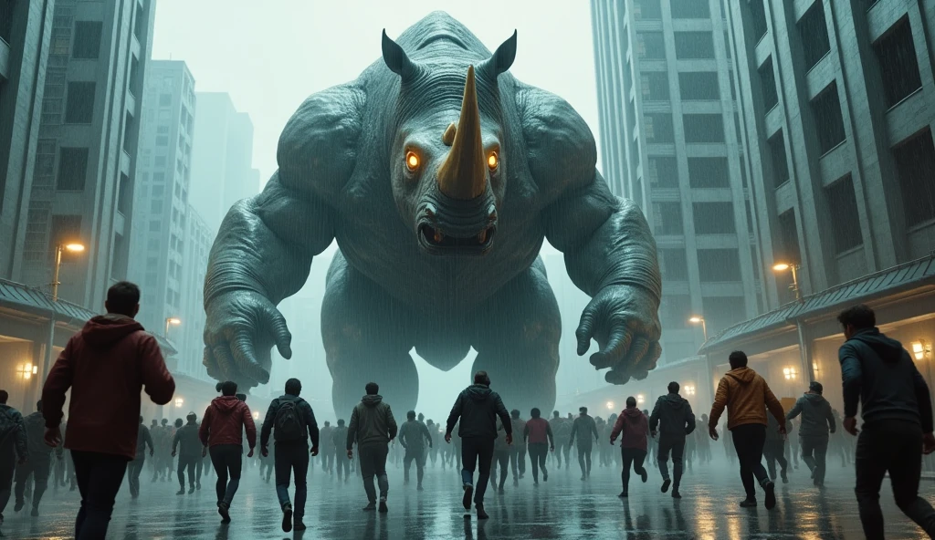 Some people running away scared against a very muscular large, angry bipedal half-rhinoceros and half-human creature roaring in the streets of a modern futuristic city on a day of rain and black clouds.