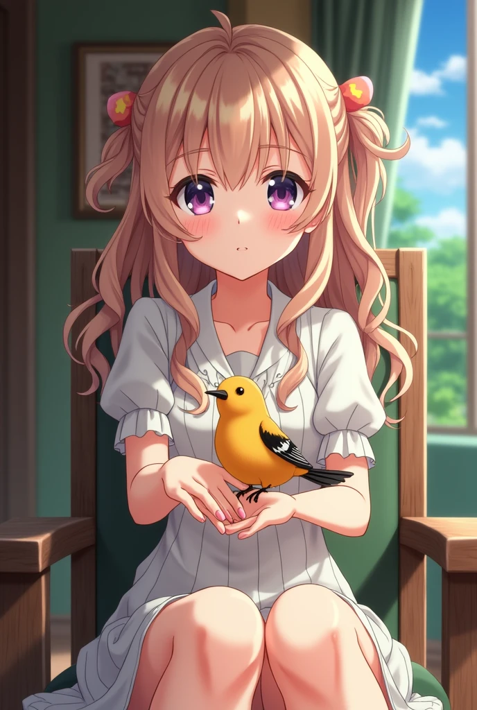 A beautiful girl sitting on a chair with a songbird in her hand, (close up of her hands:1.3), anime screencap, masterpiece, best quality, vivid colors