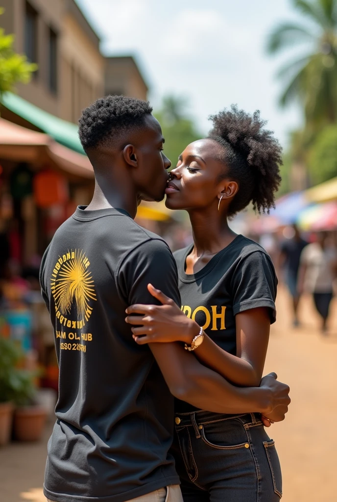 A beautiful sexy Ghanaian lady hugging a handsome man and wearing a T-shirt with inscription at the back GUPOH PALM OIL HUB