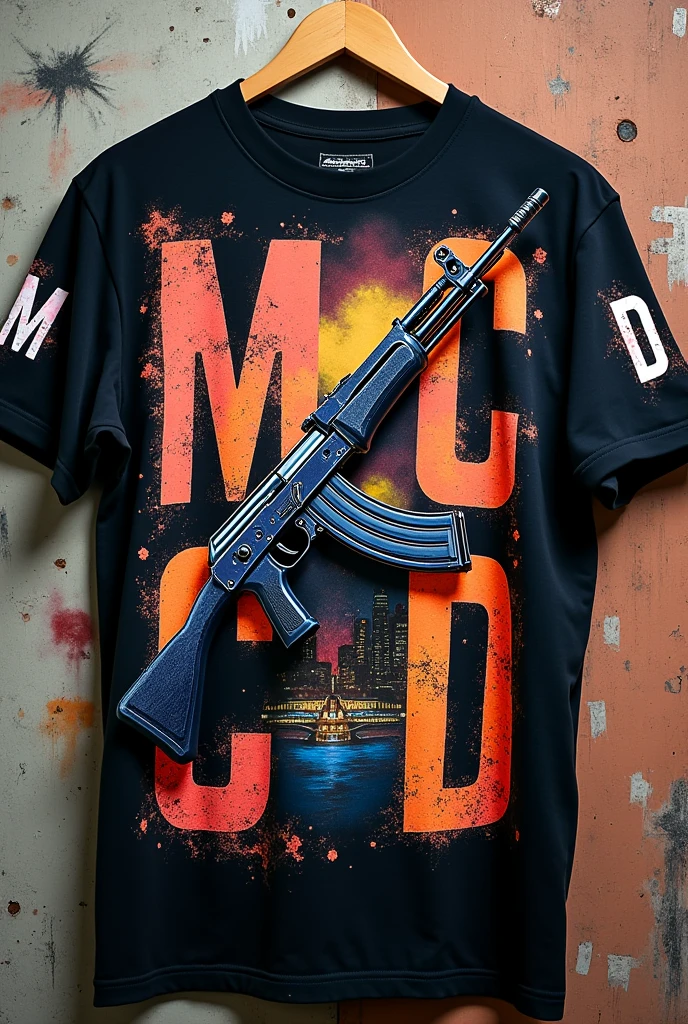 A shirt written with M C D on the sides and in the middle an AK47