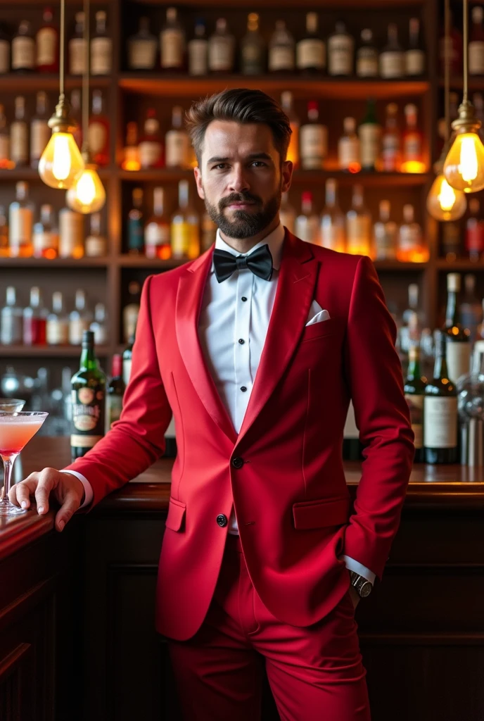 Bartender in a red suit facing inside the counter