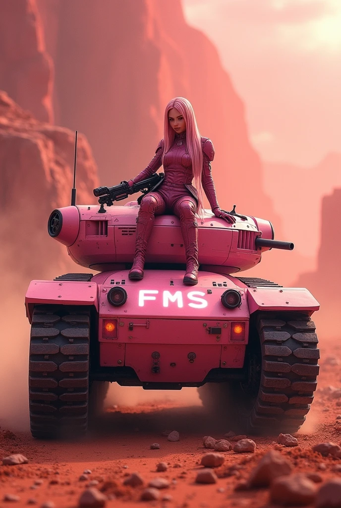 Create an image.
**Image Description:**
- **Futuristic Pink Mini Mechanical Tank**: Detailed mats, armored body. With a sign on the front that reads “FMS” in large, illuminated letters
- **futuristic tower**: On top of the tank.
- **Pretty girl with pink hair, smooth and long, armed with advanced weaponry, sitting on the tower. In a futuristic military uniform
- **fund**: Dusty red sky over a warring Martian landscape.
3d, best qualityer