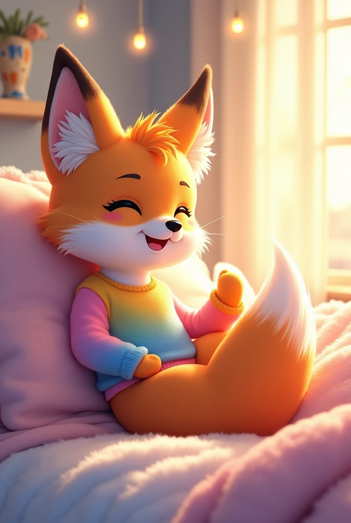 an anthropomorphic fox girl ??? wearing a pink, yellow, and blue gradient shirt relaxing on top of a bed. She’s bottomless.