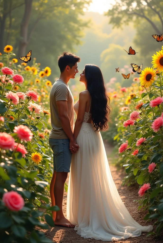 A white woman with long black hair, in an extremely beautiful and colorful garden, along with her husband who is a man with short hair and a little taller than her with considerable but not exaggerated muscle mass