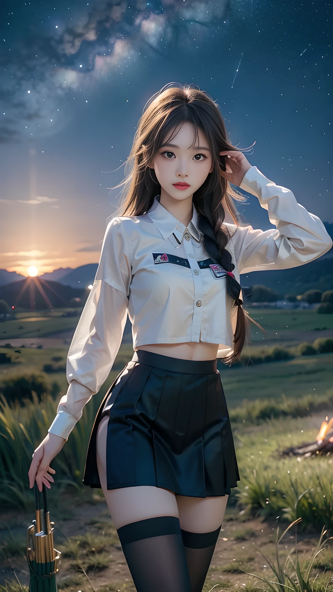ulzzang-6500-v1.1, (RAW photo: 1.2), (Real photo), (Real photo: 1.4), 1 girl、Perfect anatomy、19 years old、Looking at the camera、Medium length hair、side braid, short uniform skirt, Dancing by the campfire on the green grassland at nigh, under the starry night sky, ((starry night: 1.1))、(Surreal tights: 1.2), (Business service)、Asian eyes Ella,