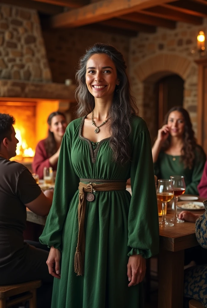 beautiful (thin) peasant with a warm smile, 50 years old, rough-spun green medieval dress, long sleeves, wide neck, long dress, Middle Ages, medieval tavern, fireplace in background, small breasts, silver-streaked dark hair, medieval characters in background