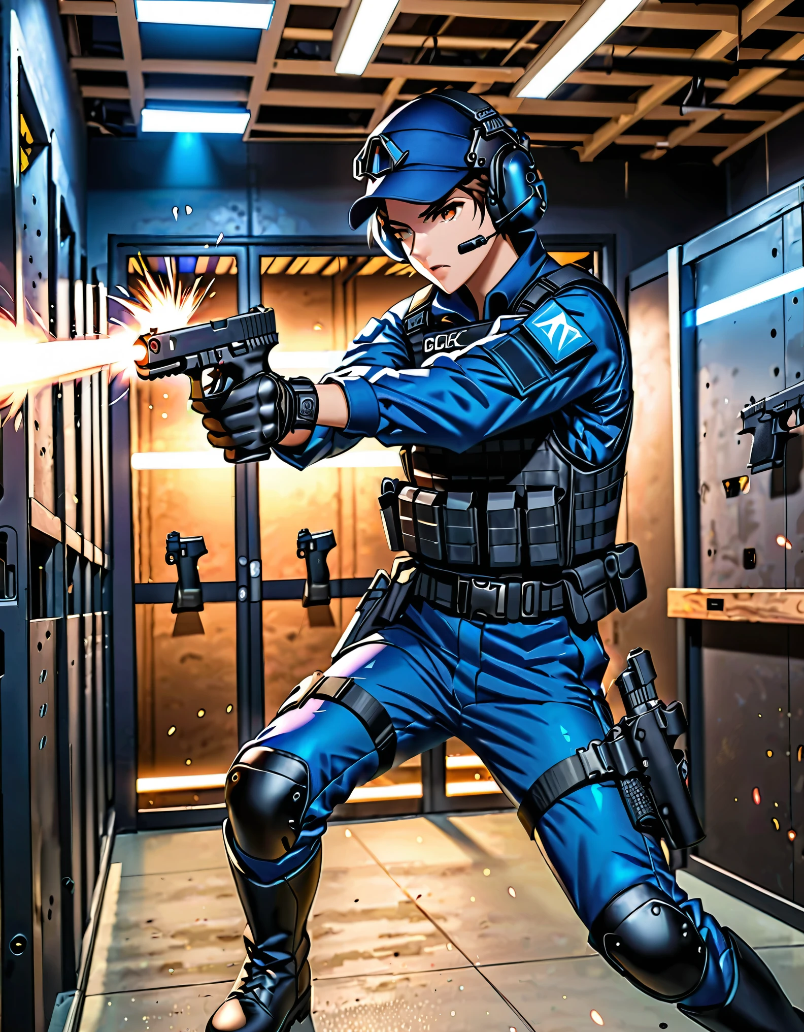 (best quality), (masterpiece), (highres), 1boy, solo, solo focus, male focus, blue swat uniform, black gloves, (belt, drop-down pistol holster), black boots, knee boots, cinematic lighting, holding pistol, glock 17, high tech room, firing range, indoors, looking away.
