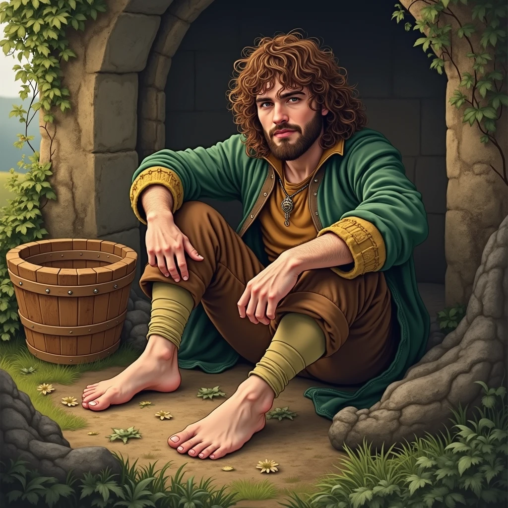 hobbit, hair on feet, beardless, 26yo, Lord of the Ring, style illustration