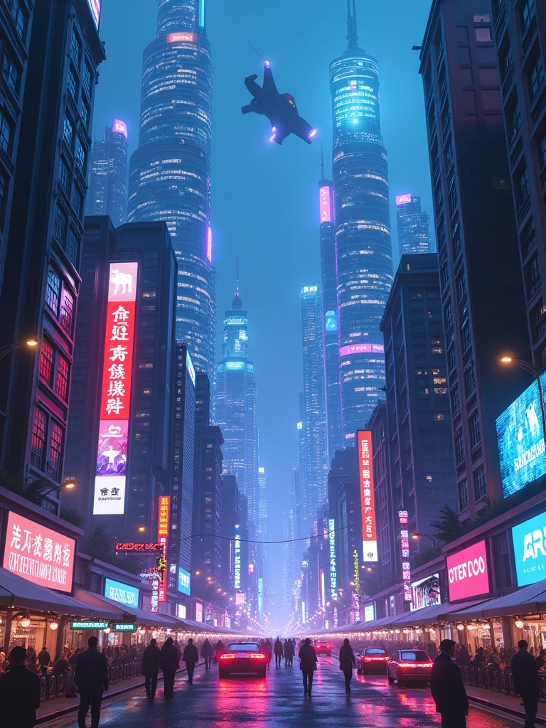 futuristic city at night: Describe a futuristic city illuminated by vibrant neon lights, with glass skyscrapers reflecting intense blue lights, roxo e rosa. Flying cars cut through the sky, creating a sci-fi setting with hyper-realistic details.