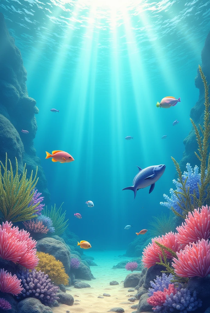 Create a seabed background image with fish in the colors, Pink, cerulean, yellow, green and lilac light tones