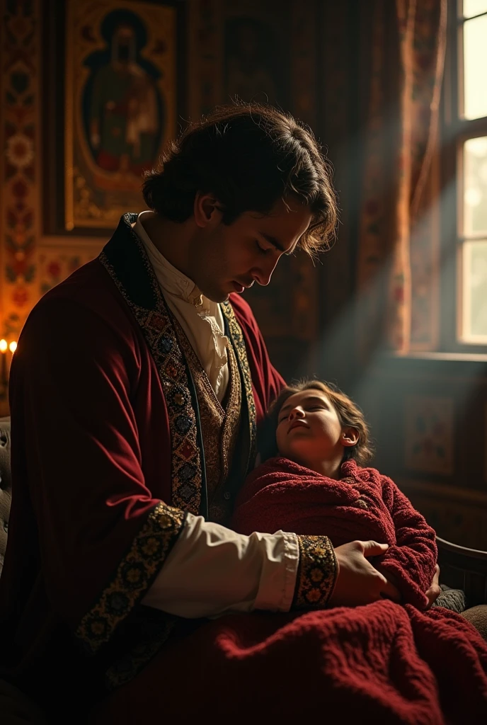 Prince Jonathan holding the body of his partner Selim; Selim died after giving birth.