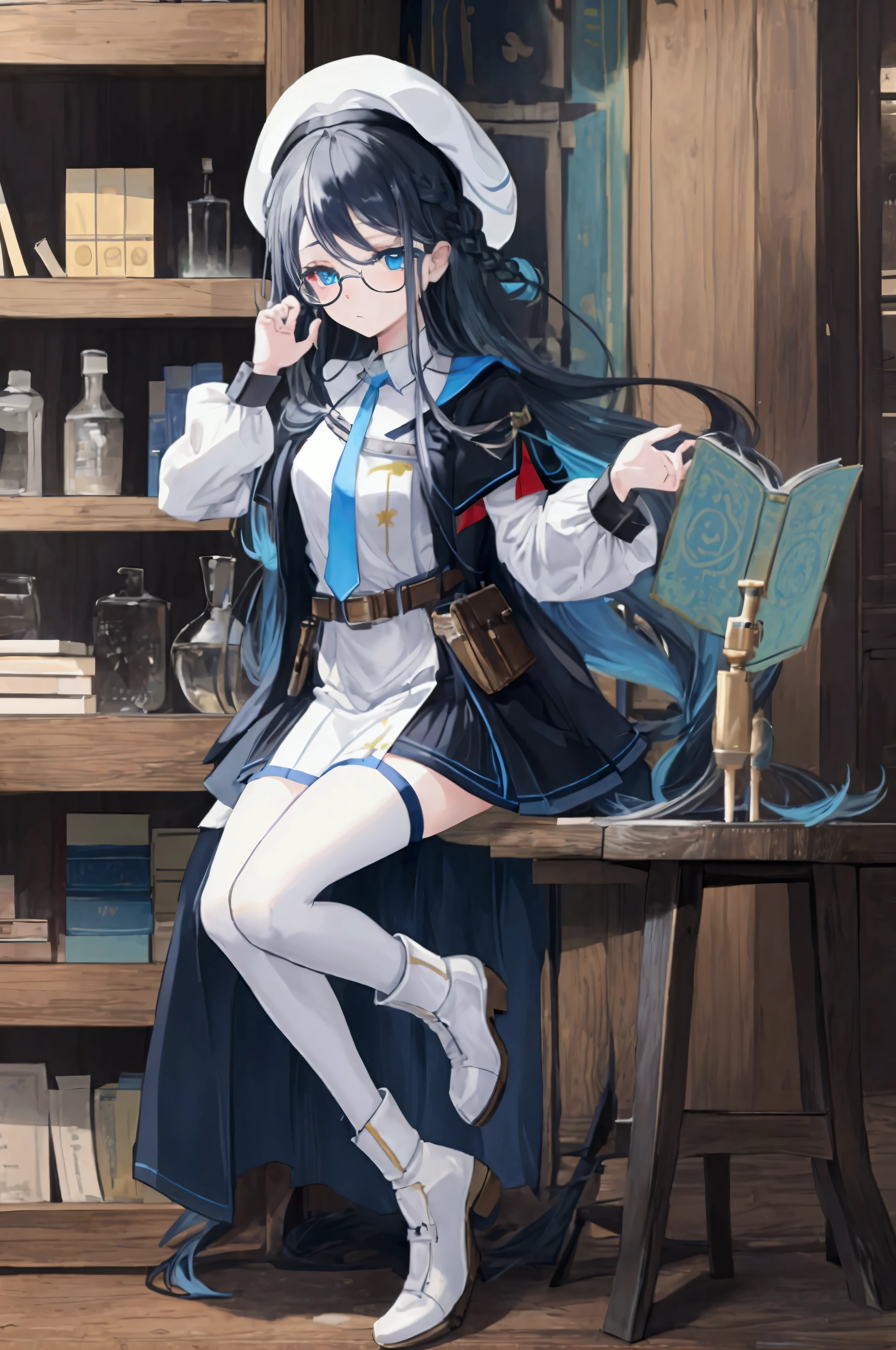 Artwork, best qualityer, 2d anime style, White girl, short stature, bangss, long hair, some braided strands, Dark Blue Hair, pale, heterochromia, vibrant blue left eye, yellow right eye, white glasses, beret, black dress covered, black tights, blue details, necktie, longsleeve, whitegloves, waist belt, apathetic expression, medieval theme, RPG, alchemy laboratory background with chemistry glassware, book shelf, mechanical arm with silver details . fully body, conceptual artwork, large white boots.
