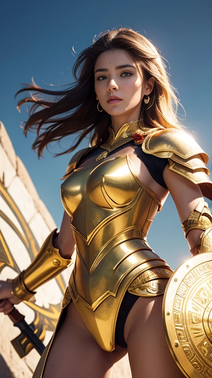 hyperrealistic beautiful female goddess warrior in golden armor outline adorning,holds spear, red cover and shield, stunning pose, high octane, 4k render, lion patterns on armor  body( colored face skin),embossing , full body shot , upper body and stunning pose, studio light, subtle ancient Roman city background, incredibly detail.,photorealistic, cinematic light, ultra sharp ,8k