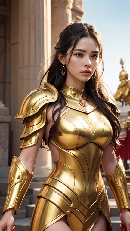 hyperrealistic beautiful female goddess warrior in golden armor outline adorning,holds spear, red cover and shield, stunning pose, high octane, 4k render, lion patterns on armor body( colored face skin),embossing , full body shot , upper body and stunning pose, studio light, subtle ancient Roman city background, incredibly detail.,photorealistic, cinematic light, ultra sharp ,8k