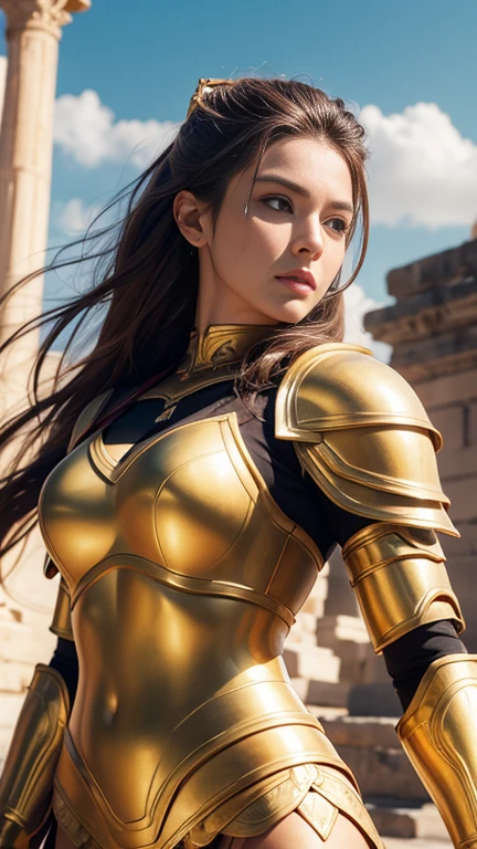 hyperrealistic beautiful female goddess warrior in golden armor outline adorning,holds spear, red cover and shield, stunning pose, high octane, 4k render, lion patterns on armor body( colored face skin),embossing , full body shot , upper body and stunning pose, studio light, subtle ancient Roman city background, incredibly detail.,photorealistic, cinematic light, ultra sharp ,8k