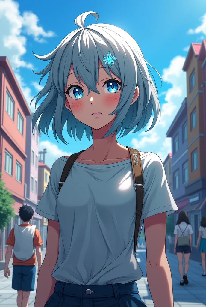 grey haired girl with hair pieces in her face, blue eyes..she has shoulder length hair Her ability is ice, She's a teenager at a hero school! Her expression is cold and stern. In mha style