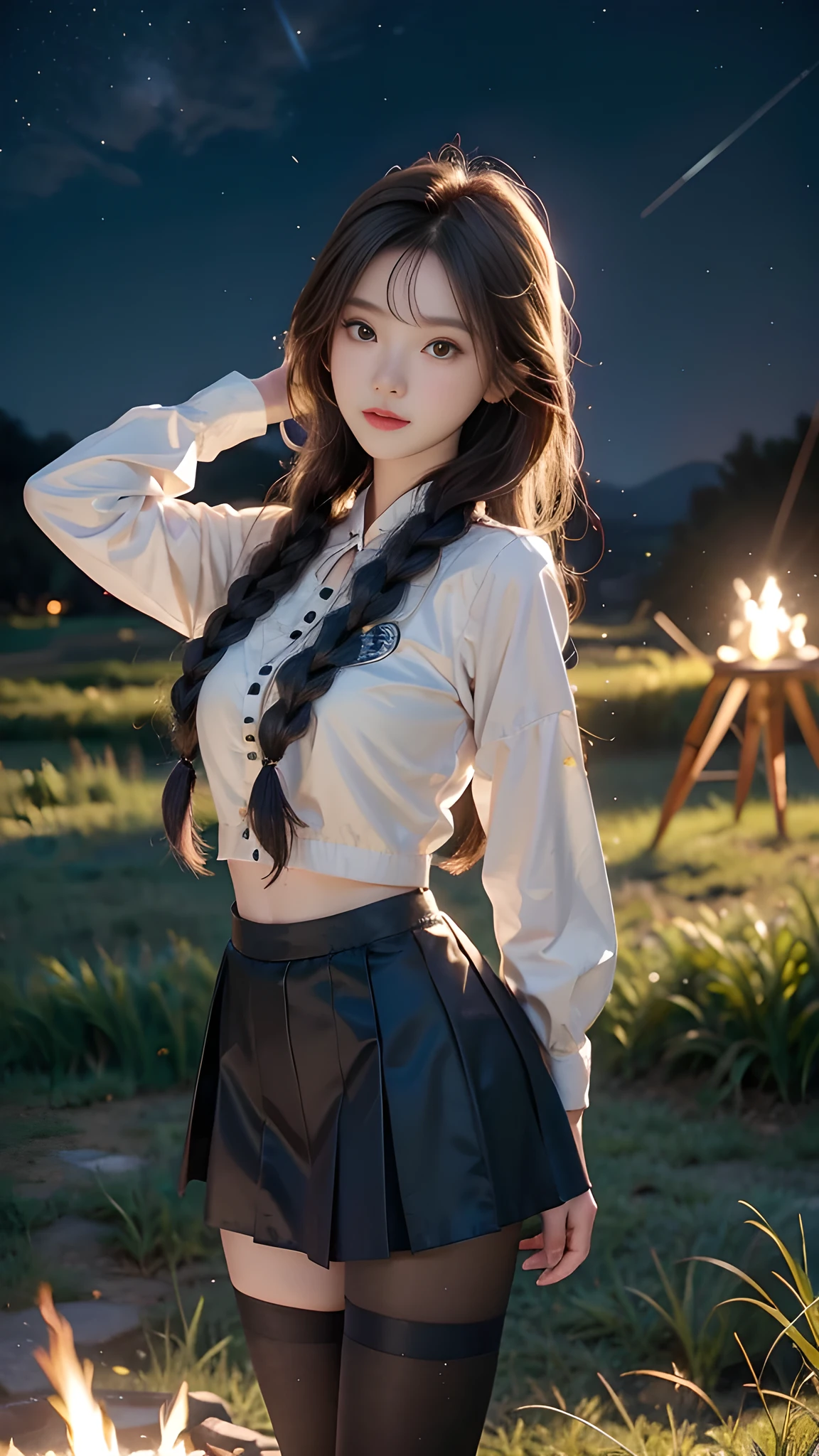 ulzzang-6500-v1.1, (RAW photo: 1.2), (Real photo), (Real photo: 1.4), 1 girl、Perfect anatomy、19 years old、Looking at the camera、Medium length hair、side braid, short uniform skirt, Dancing by the campfire on the green grassland at nigh, under the starry night sky, ((starry night: 1.1))、(Surreal tights: 1.2), (Business service)、Asian eyes Ella,
