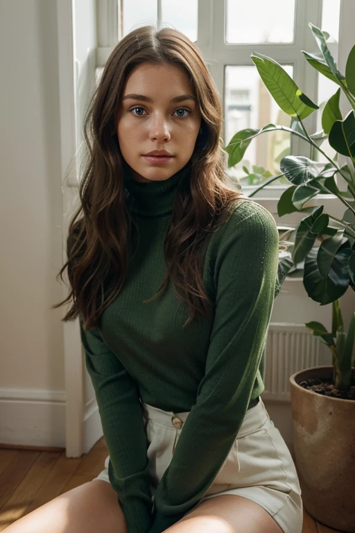 Portrait-style image featuring a young woman seated indoors. She has fair skin, long brown hair with soft waves, and striking blue eyes. She is wearing a green long-sleeve turtleneck top. Her right hand is gently resting on her chin, and she is looking directly at the camera with a calm expression. In the background, there is a large potted plant with broad green leaves and a window that allows natural light to illuminate the scene. The setting appears to be a modern, minimalistic room with neutral tones.