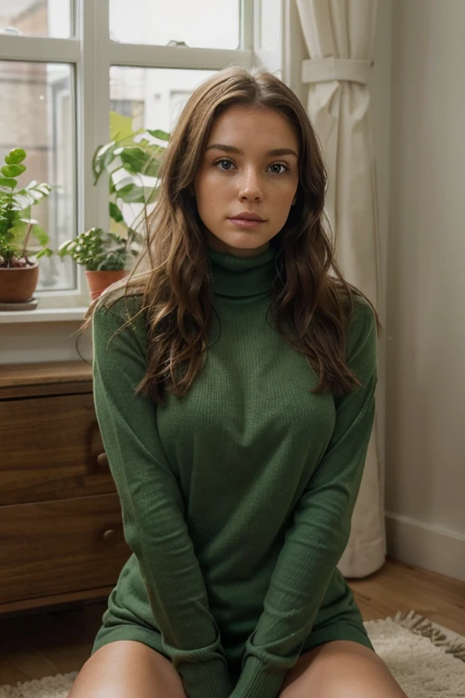 Portrait-style image featuring a young woman seated indoors. She has fair skin, long brown hair with soft waves, and striking blue eyes. She is wearing a green long-sleeve turtleneck top. Her right hand is gently resting on her chin, and she is looking directly at the camera with a calm expression. In the background, there is a large potted plant with broad green leaves and a window that allows natural light to illuminate the scene. The setting appears to be a modern, minimalistic room with neutral tones.
