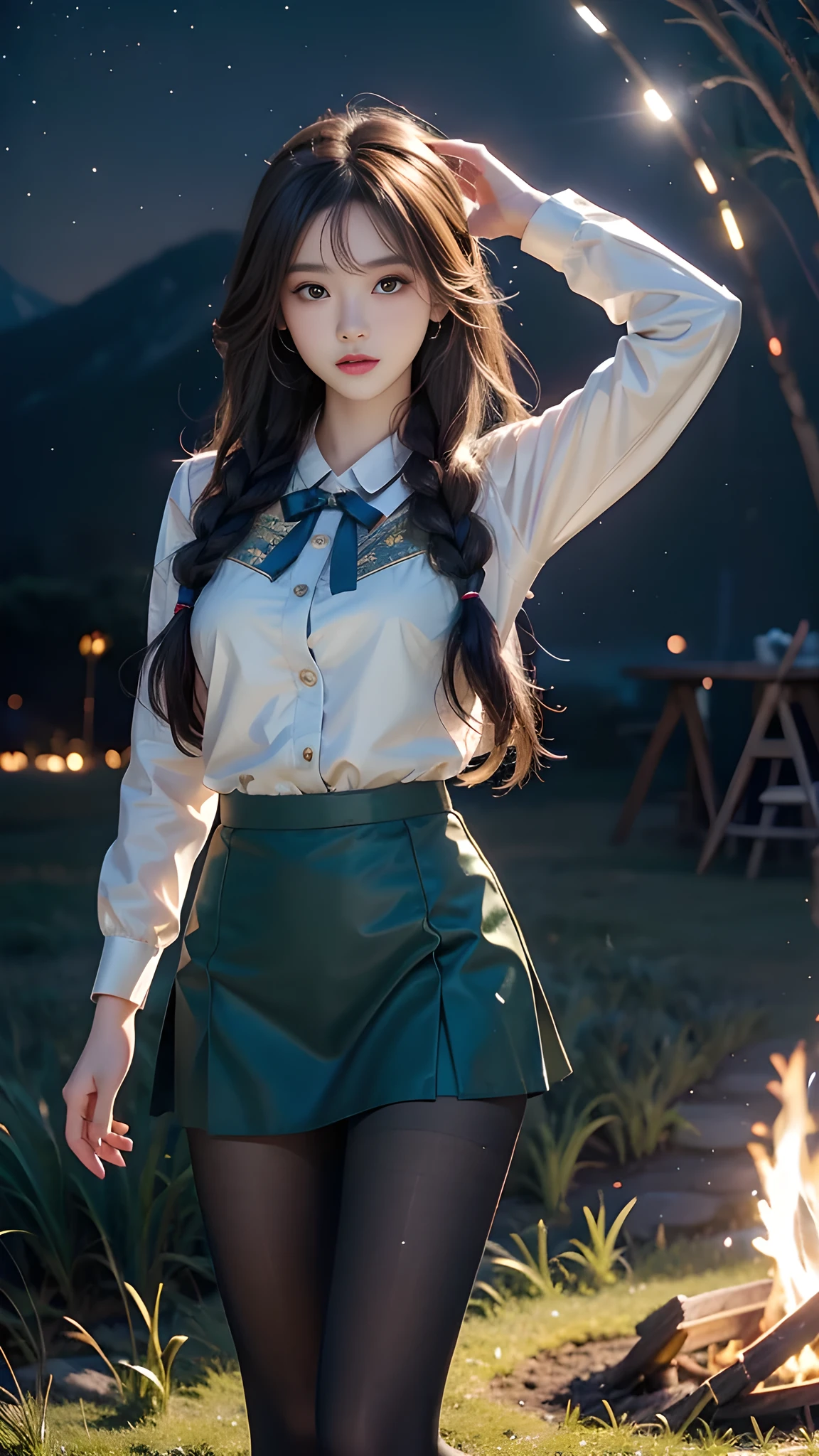 ulzzang-6500-v1.1, (RAW photo: 1.2), (Real photo), (Real photo: 1.4), 1 girl、Perfect anatomy、19 years old、Looking at the camera、Medium length hair、side braid, short uniform skirt, Dancing by the campfire on the green grassland at nigh, under the starry night sky, ((starry night: 1.1))、(Surreal tights: 1.2), (Business service)、Asian eyes Ella,