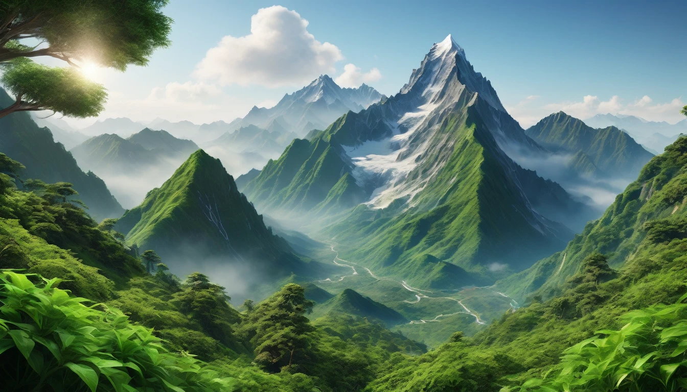 There is a sprawling mountain range covered in greenery.,The highest mountain is located on the west coast.(best quality,4K,8k),Ultra Detailed,(lifelike,Photo real),Complex patterns,Realistic lighting,Ultra-clear real photography photos,Real details
